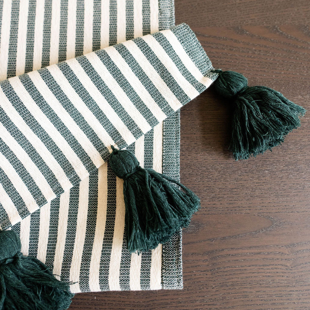 Hunter Green Striped Cotton Table Runner | Handwoven Mexican Table