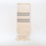 Kitchen Hand Towel in natural Cotton with slate grey stripes and 100% cotton fringe on a white background