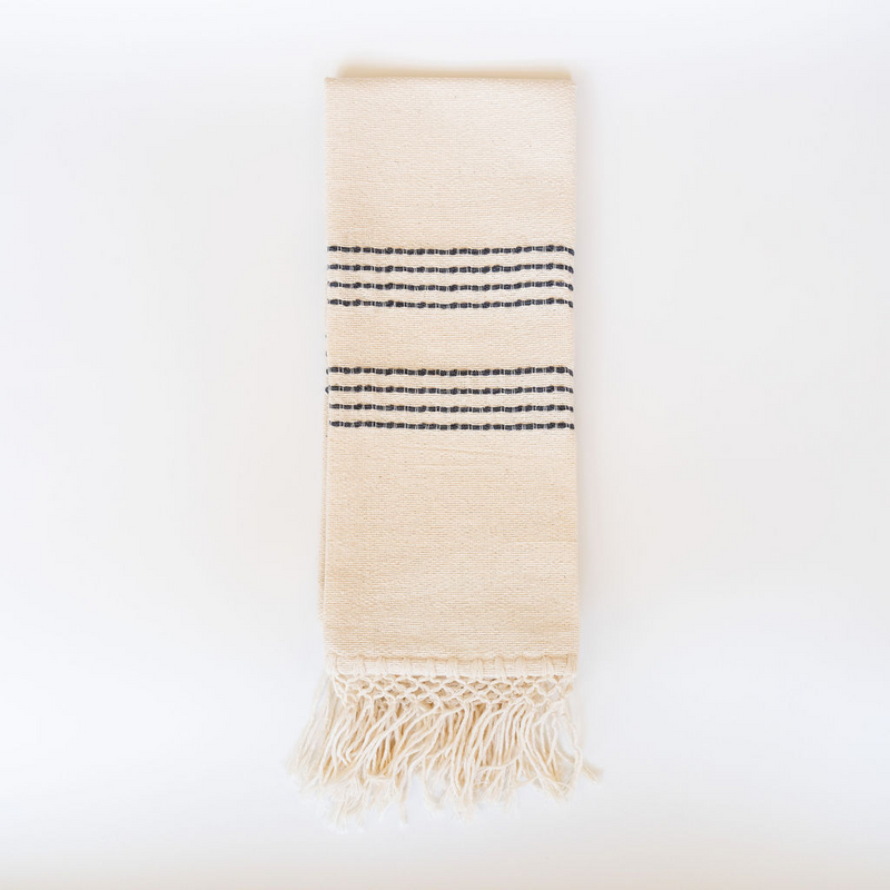 Kitchen Hand Towel in natural Cotton with slate grey stripes and 100% cotton fringe on a white background