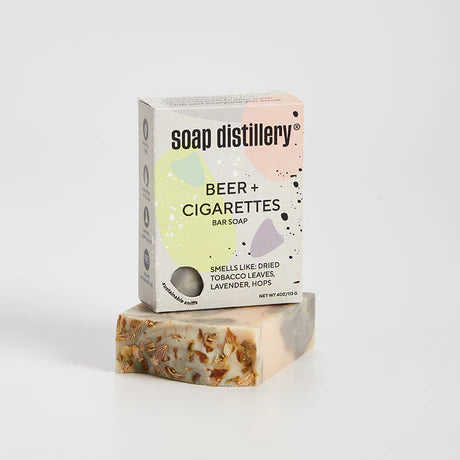 Soap Distillery Beer and Cigarettes Bar Soap with label that says smells like dried tobacco leaves, lavender and hops.