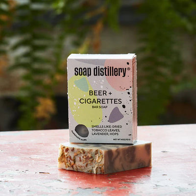 Beer & Cigarettes Soap Bar by Soap Distillery. These cocktail-inspired, unisex scented, luxurious soaps are the perfect stocking stuffer. Zero-waste bath and body products. 