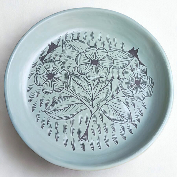 Hand-Painted Florecitas (Floral) Ceramic Fruit Bowl -  Mint Green