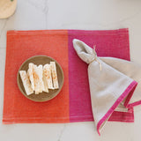 Color Block Pink/Orange Cotton Placemat top view with Pink Border Cotton Napkin