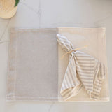 Color Block White/Beige Cotton /Creme Placemat with Striped Napkin and dried leaf