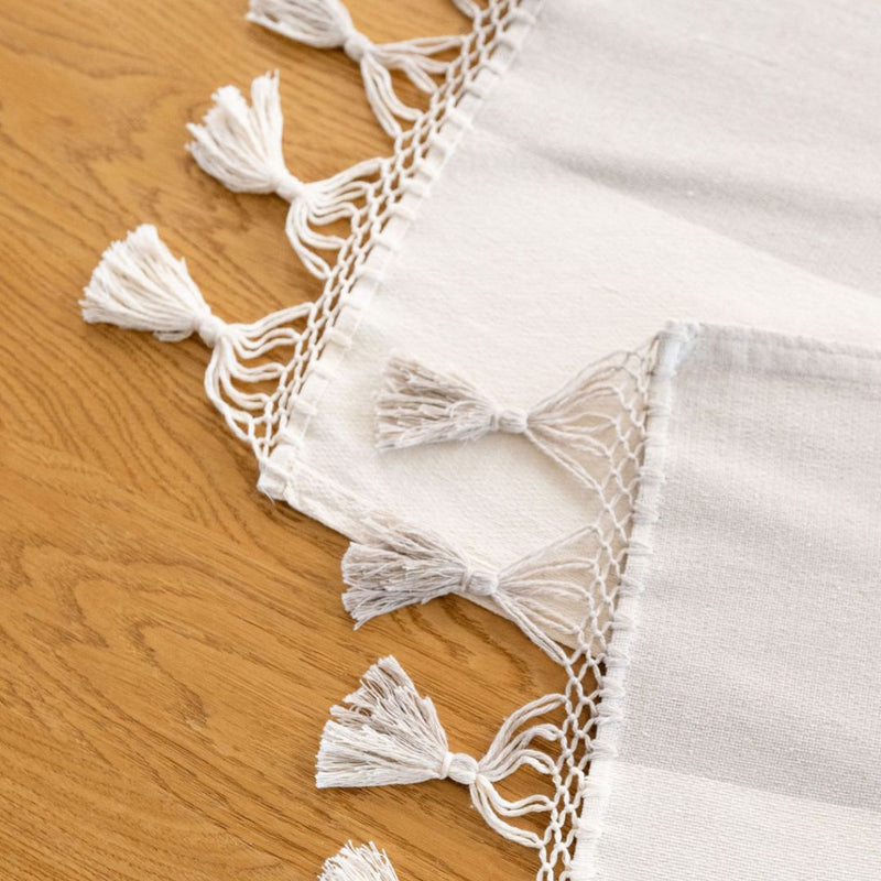 Color Block White/Beige Cotton Table Runner  Tassels on Table