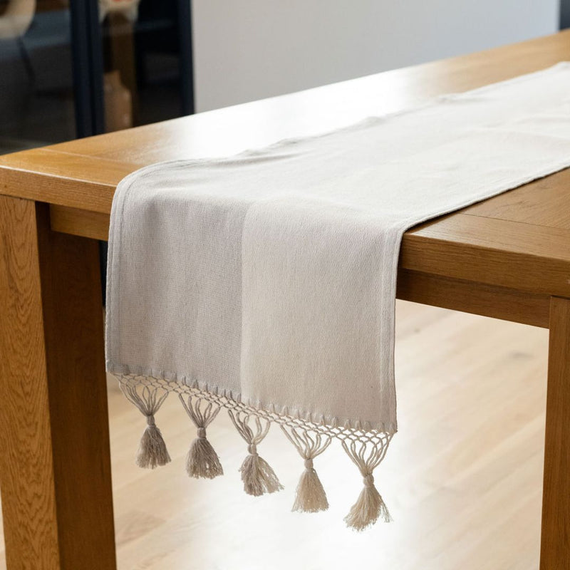 Color Block White/Beige Cotton Table Runner on wood table