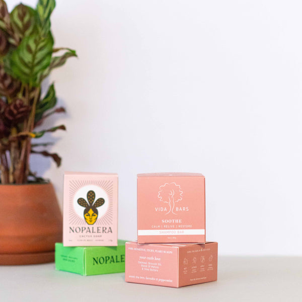 Upgrade your self-care routine with this zero-waste hair and body care bundle, sourced exclusively by Latina-owned brands: Nopalera and Vida Bars. Nourish your body with these clean, natural products, while supporting Latina-owned businesses and cutting your plastic footprint. INCLUDES any two Nopalera Cactus Soaps. Nopalera takes pride in handcrafting each Cactus Soap by infusing it with the powerhouse ingredient: nopal. One Vida Bars shampoo and conditioner set.