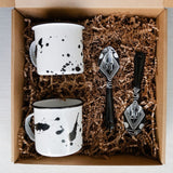 Enamel Cup and Spoon Gift Box wrapped with zero waste. Artisanal Mexican Peltre gift set - A set of two artisanal Mexican peltre cups and spoons with modern Mexican designs.