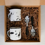 Peltre Enamel Cup and Spoon Gift Box wrapped with zero waste. Artisanal Mexican Peltre gift set - A set of two artisanal Mexican peltre cups and spoons with modern Mexican designs.Enamel Cup and Spoon Gift Box wrapped with zero waste. Artisanal Mexican Peltre gift set - A set of two artisanal Mexican peltre cups and spoons with modern Mexican designs.
