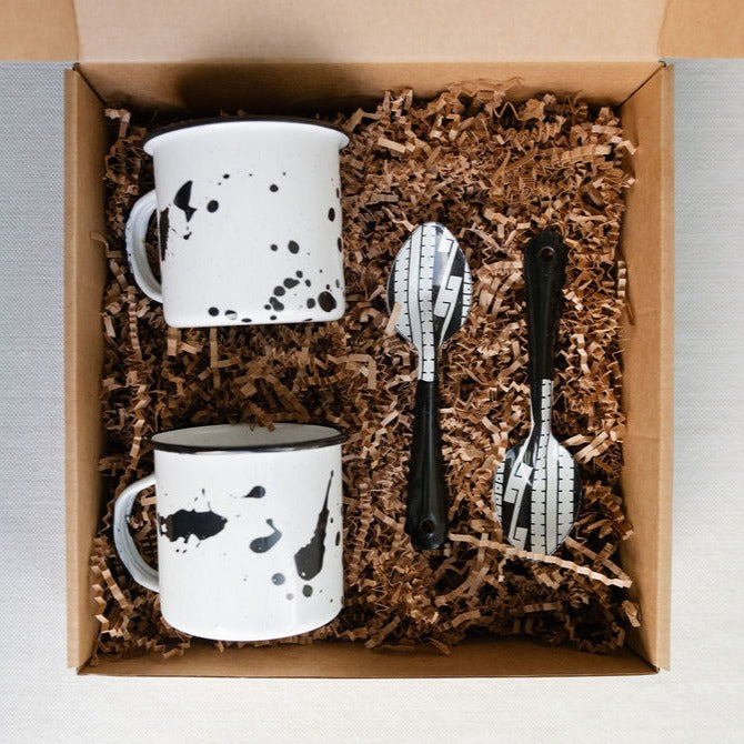 Enamel Cup and Spoon Gift Box wrapped with zero waste. Artisanal Mexican Peltre gift set - A set of two artisanal Mexican peltre cups and spoons with modern Mexican designs.