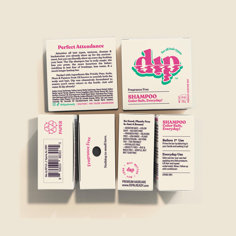 A fragrance-free Sun Shield Dip Shampoo Bar, presented in a simple, eco-friendly box. The packaging highlights the product's key features, with "Fragrance Free Shampoo Color Safe" clearly labeled.