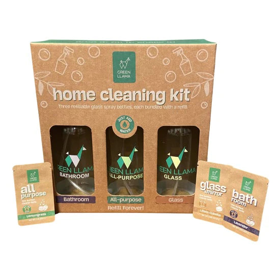 The Green Llama Home Cleaning Kit is the perfect way to kickstart your low-waste journey and eliminate single-use plastic in your cleaning ritual. This kit covers all your household needs with three distinct, naturally derived cleaning tablets: All-Purpose, Glass & Mirror, and Bathroom. They're non-toxic, highly effective, and infused with delightful essential oils for a refreshing aroma. Each tablet comes in a compostable pouch with a reusable bottle, significantly reducing your plastic waste. 