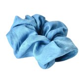 Level up your ponytail or curly girl method look with this smooth, artisanal silk scrunchie. Add a touch of art to your hairdo or around your wrist as a statement piece bracelet. 100% light blue silk scrunchie is hand dyed with indigo plant .