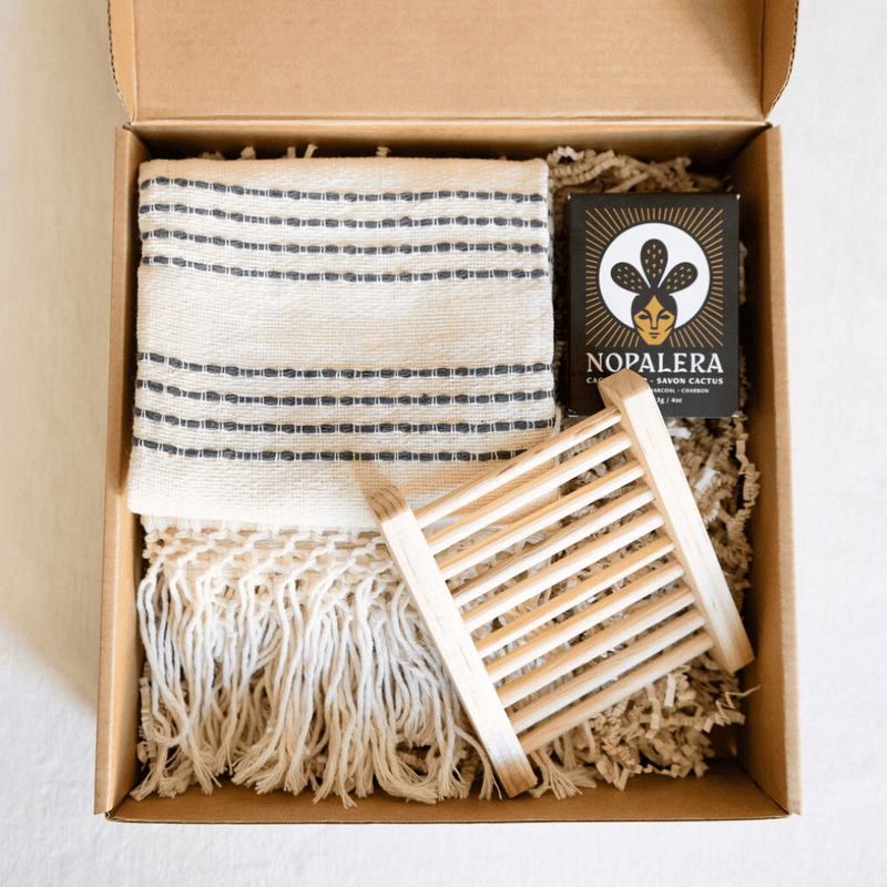 Sustainable home goods gift set including Nopalera Noche Clara Cactus Soap Bar, Wood Soap Dish and Handwoven Cotton Tea Towel