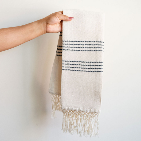 Handwoven Cotton Kitchen Towel - Natural with Slate Grey stripes for a minimalist aesthetic