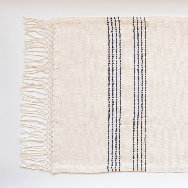 100% cotton napkin and dish towel with straight fringe made from natural colored cotton and grey stripes