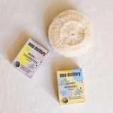 zero waste agave body sponge with two Soap Distillery Bar Soaps in Honey Whiskey and Beer and Cigarettes scents