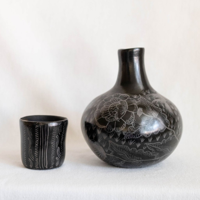 Black Floral Huancito Clay Carafe
