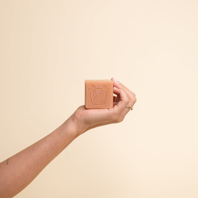 Hand holding a Paca Botanica Diosa Soap Bar, a pink-hued bar. The soap exudes a soft, floral aesthetic, highlighting its luxurious and eco-friendly craftsmanship.