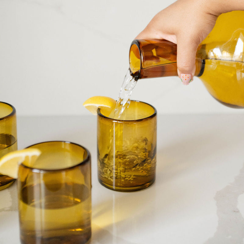 Mexican Handblown Recycled Glass Cups and carafe in Amber Gold