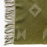 Forest Green 100% cotton hand towel with beige geometric lines and cotton fringe detail closeup