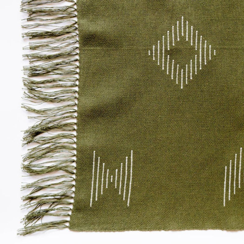 Forest Green 100% cotton hand towel with beige geometric lines and cotton fringe detail closeup