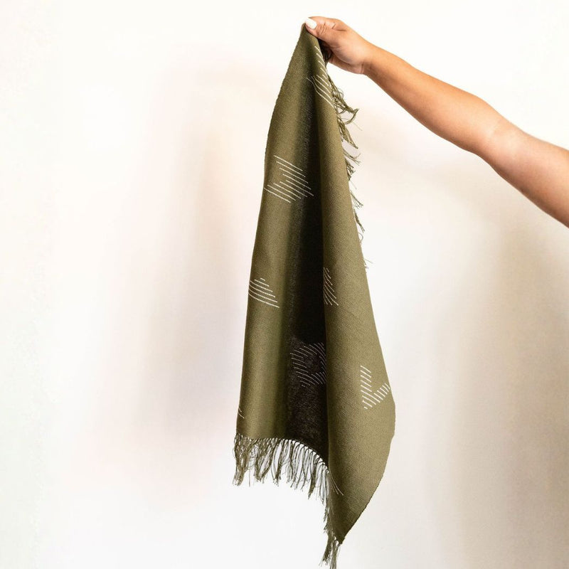 Forest Green 100% cotton hand towel with beige geometric lines and cotton fringe detail