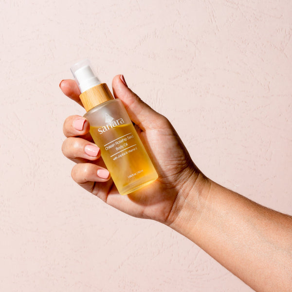 Travel- Sized Sanara Skincare's Chilean Rosehip Seed Body Oil was created to support and nourish your skin with Latin American botanicals. This best-selling, lightweight body oil deeply moisturizes and renews dull skin thanks to its antioxidants and fatty acids that support a healthy glow.  This all-natural blend is packed with minerals and vitamins like E, C, B1 and B3.