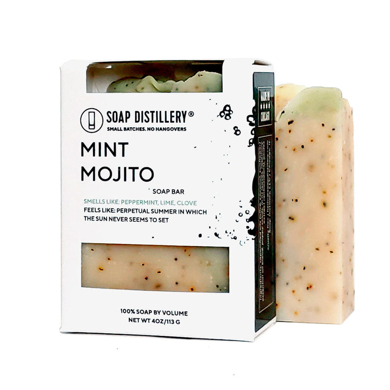 Mint Mojito zero-waste soap bar. Pamper your body and skin without the basura. The Suavecita Bundle pairs two zero-waste, nontoxic bath and body soap bars from Soap Distillery with a travel-size of ultra-moisturizing, non-greasy Angelica & Lavender Body Lotion. Clean and hydrate your body, while feeling good about your positive impact. 