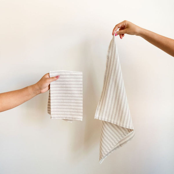 Stripped White/Beige Mexican Cotton Napkin folded and unfolded