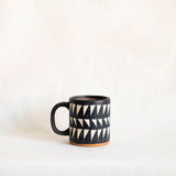 Tzintzuntzan handmade ceramic mug with sails pattern, burnished clay pottery from Michoacán Mexico, natural matte finish coffee cup