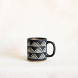 Tzintzuntzan handmade ceramic mug with mountain pattern, burnished clay pottery from Michoacán Mexico, natural matte finish coffee cup