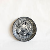 Handmade mermaid ceramic serving platter from Tzintzuntzan Michoacán, black and white burnished clay pottery with hand illustrated mermaid and wave pattern