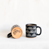 Tzintzuntzan handmade ceramic mug with mountain pattern, burnished clay pottery from Michoacán Mexico, natural matte finish coffee cup