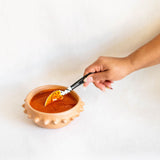 Hand holding a spoon with salsa in a terracotta ceramic bowl on a white background