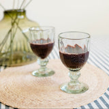 Two handblown clear glass goblets filled with wine, placed on a round woven placemat on a striped tablecloth, with a blurred green vase and yellow flowers in the background.