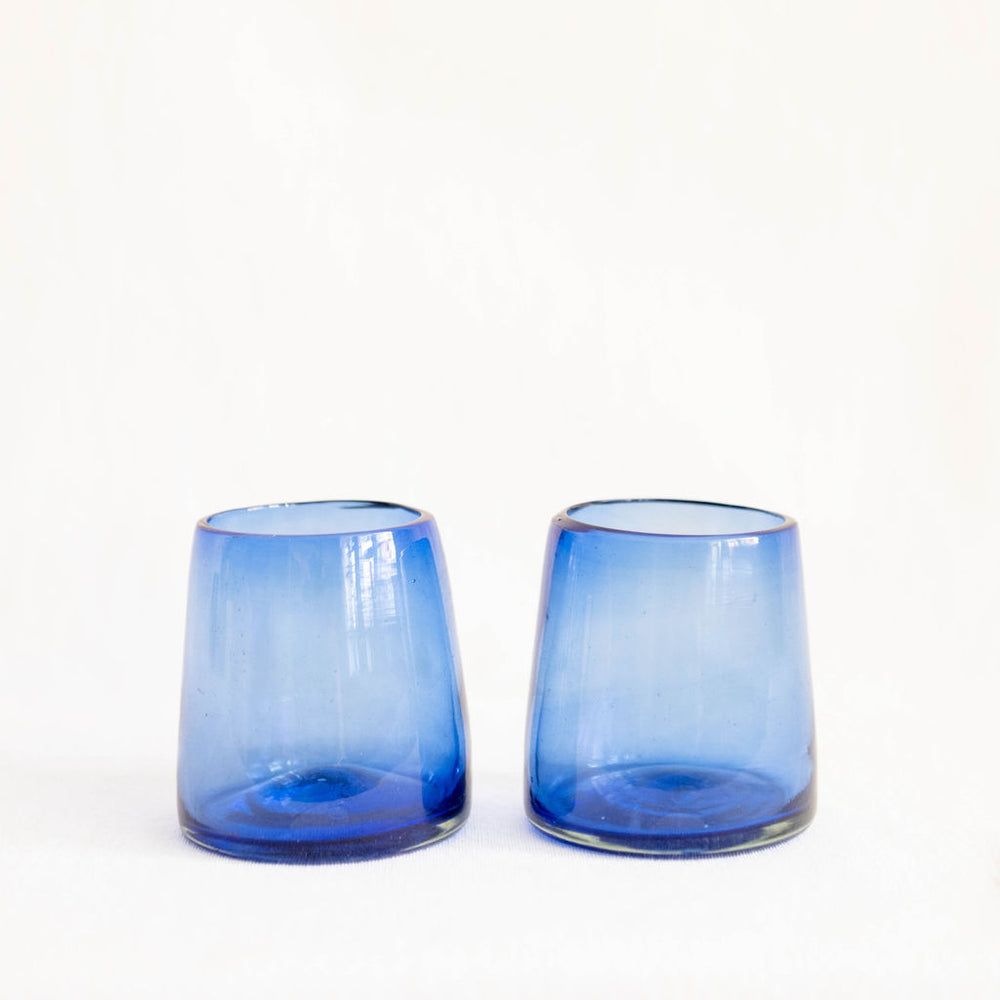 Short Cobalt Blue Optic Glass Tumblers Set of 2 | Handblown
