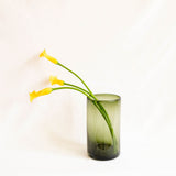 A translucent olive green glass vase holding three yellow calla lilies with long green stems, set against a plain white background.