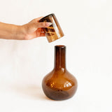 Hand holding a glass cup next to a chocolate brown glass round carafe on a white background