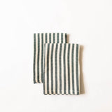 Two cotton hunter green and natural striped napkins on a white background
