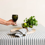 Person holding an olive green wine glass on a table with a hunter green striped cotton tablecloth, bowl of limes, and a plant.