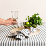 Hand holding a clear wine glass over a table with a striped green tablecloth, bowl of limes, and a plant.