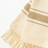 Beige cotton hand towel with stripes and fringes on a white background
