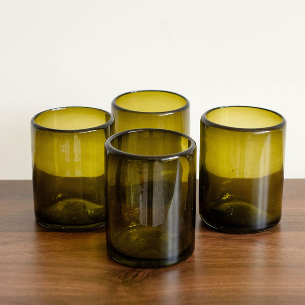 Set of 4 Handblown Glass Cups - Olive Green | Mexican Recycled Glass
