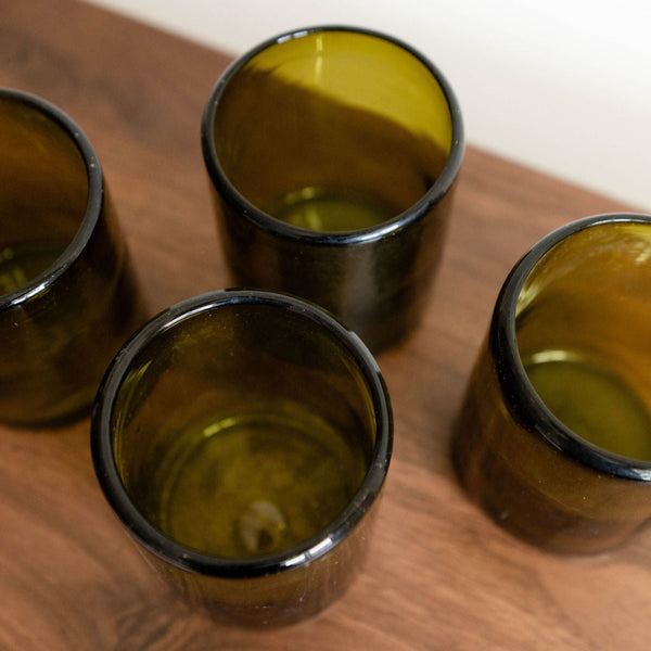 close up of a Set of 4 Handblown Glass Cups - Olive Green | Mexican Recycled Glass