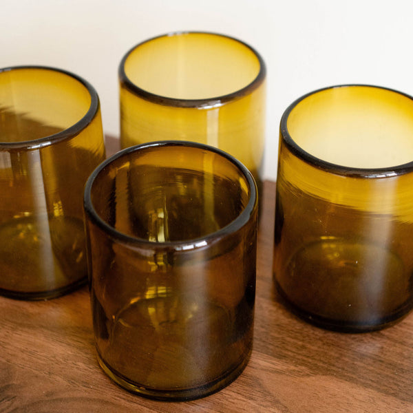 close up of Set of 4 Handblown Recycled Glass Cups - Amber Gold