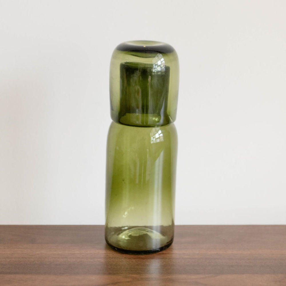 Handblown Glass Bedside Carafe in Olive Green | Mexican Recycled