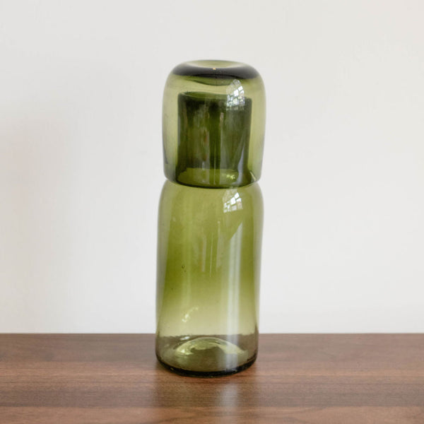 Handblown Glass Bedside Carafe in Olive Green with a lid