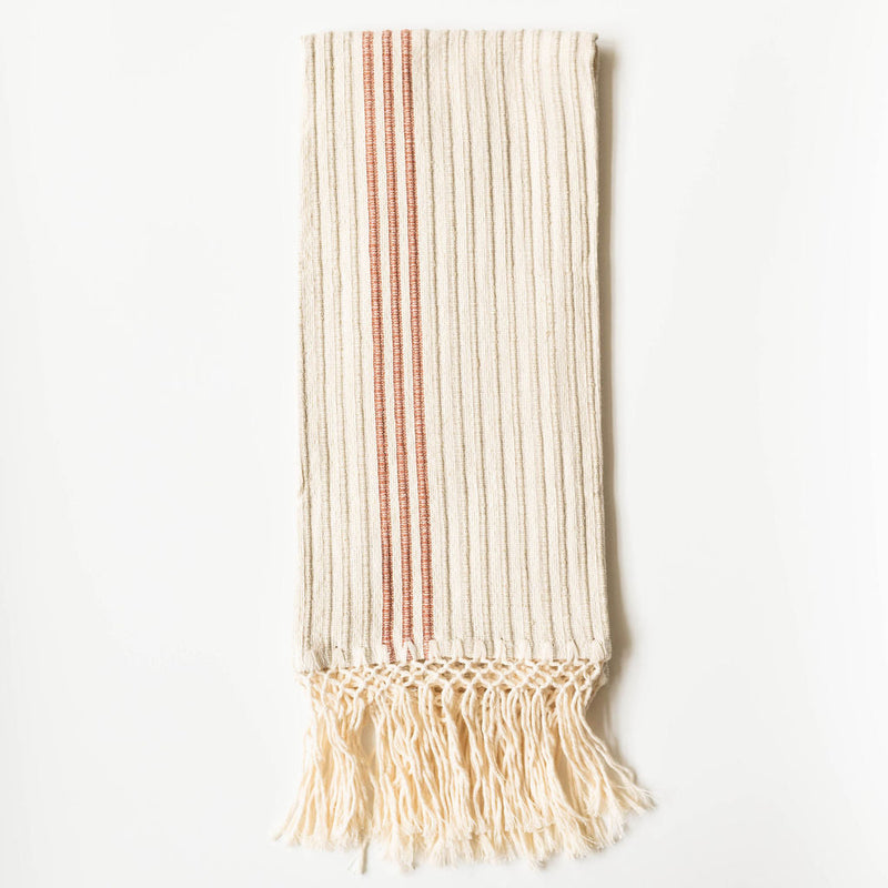 A Corded Handwoven Cotton Hand & Tea Towel with three cinnamon stripes.