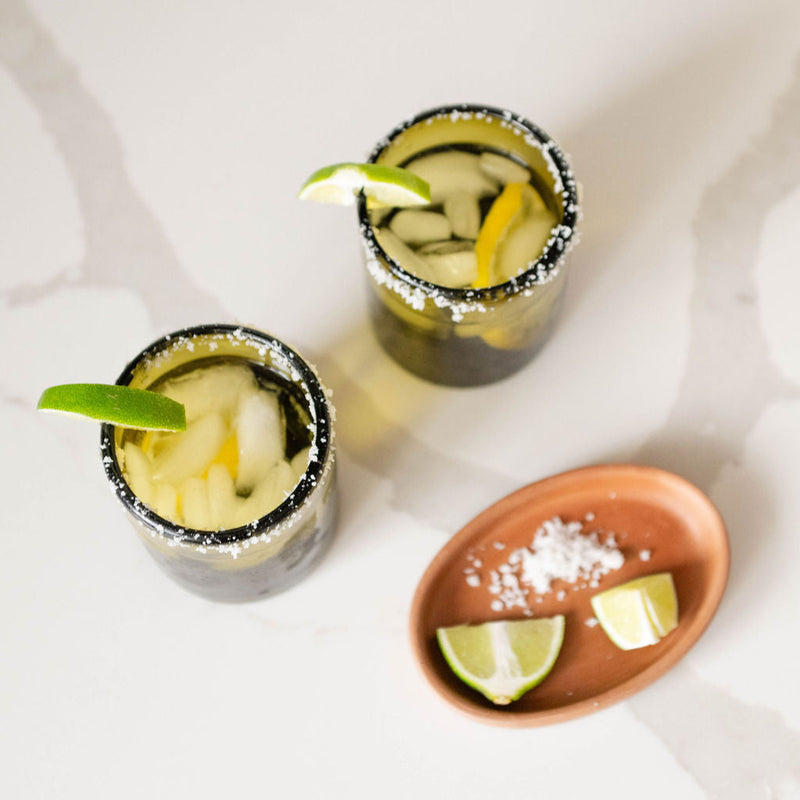 top view of Handblown Glass Cups - Olive Green | Mexican Recycled Glass
on marbled counter